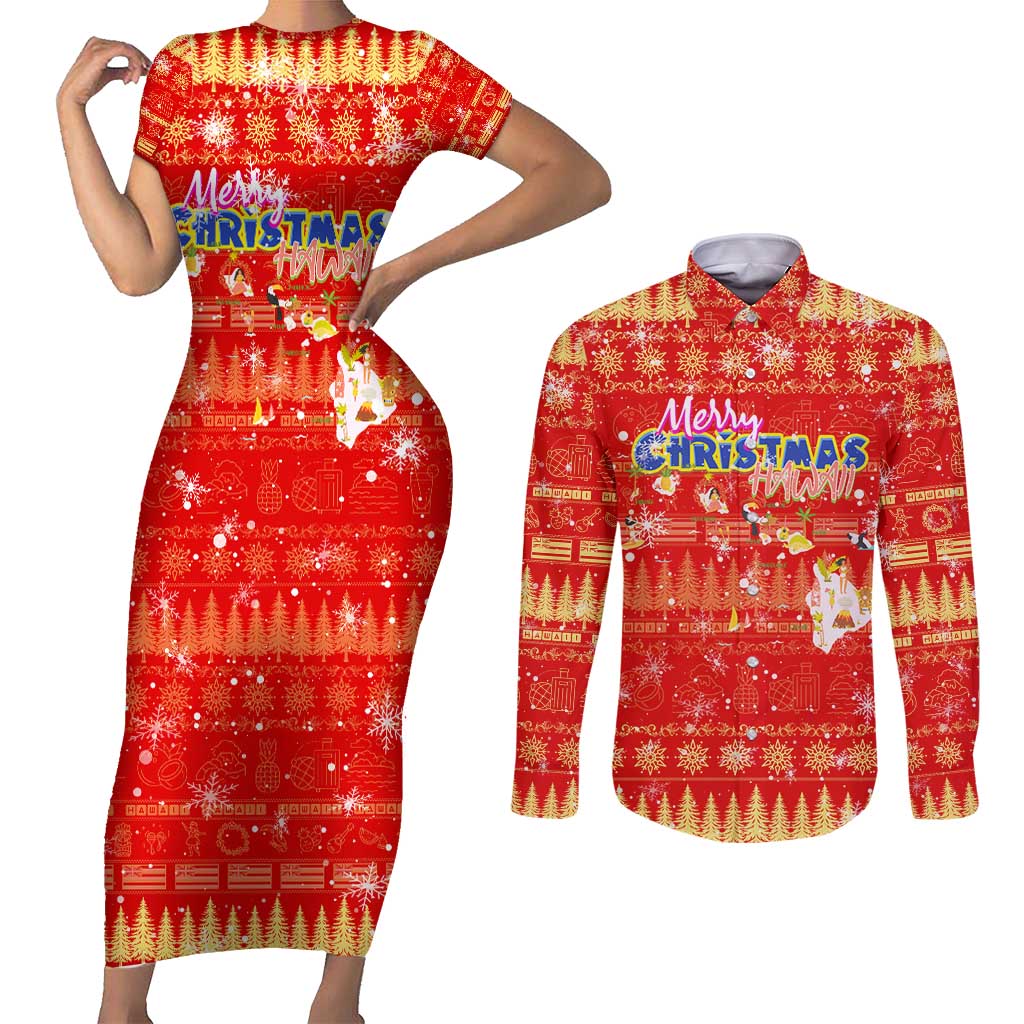 Merry Christmas Hawaii Couples Matching Short Sleeve Bodycon Dress and Long Sleeve Button Shirt Xmas Travel Map DT02 Red - Polynesian Pride