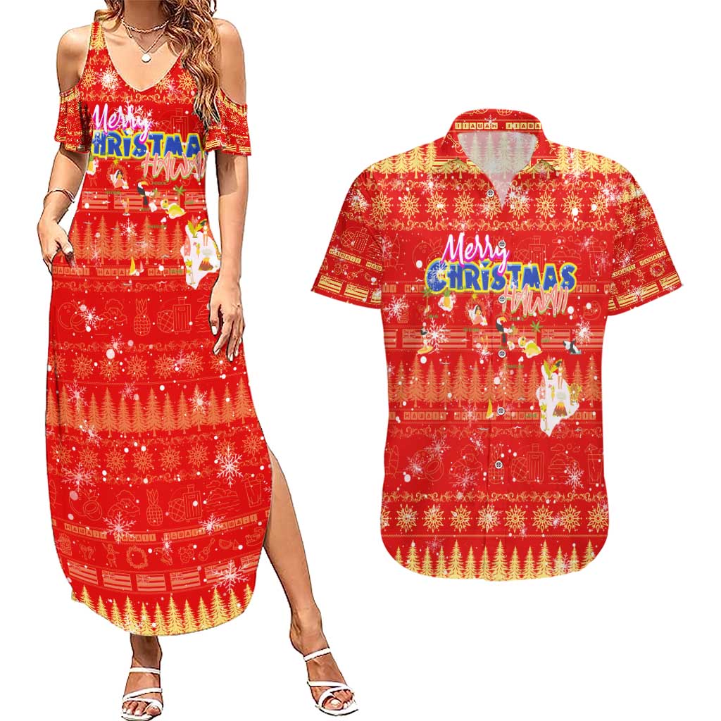 Merry Christmas Hawaii Couples Matching Summer Maxi Dress and Hawaiian Shirt Xmas Travel Map DT02 Red - Polynesian Pride