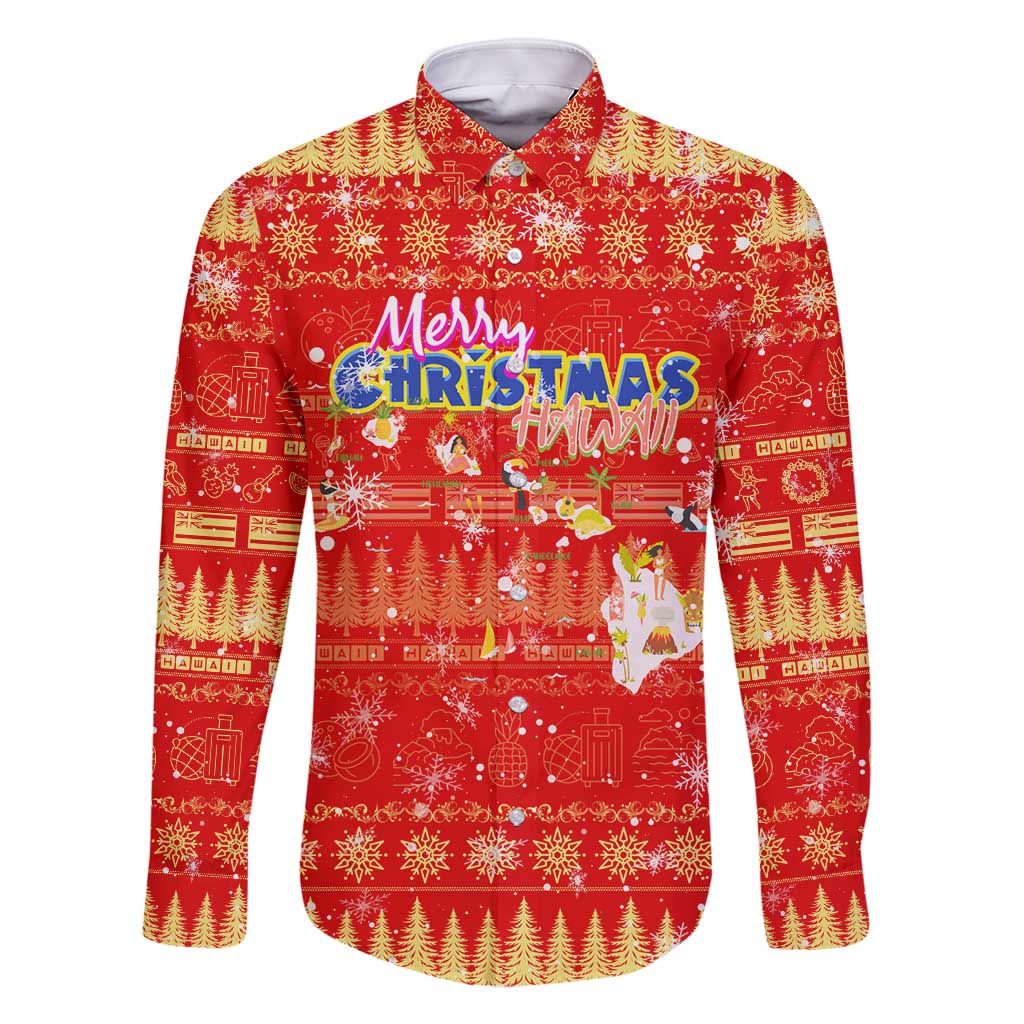 Merry Christmas Hawaii Family Matching Long Sleeve Bodycon Dress and Hawaiian Shirt Xmas Travel Map DT02 Dad's Shirt - Long Sleeve Red - Polynesian Pride