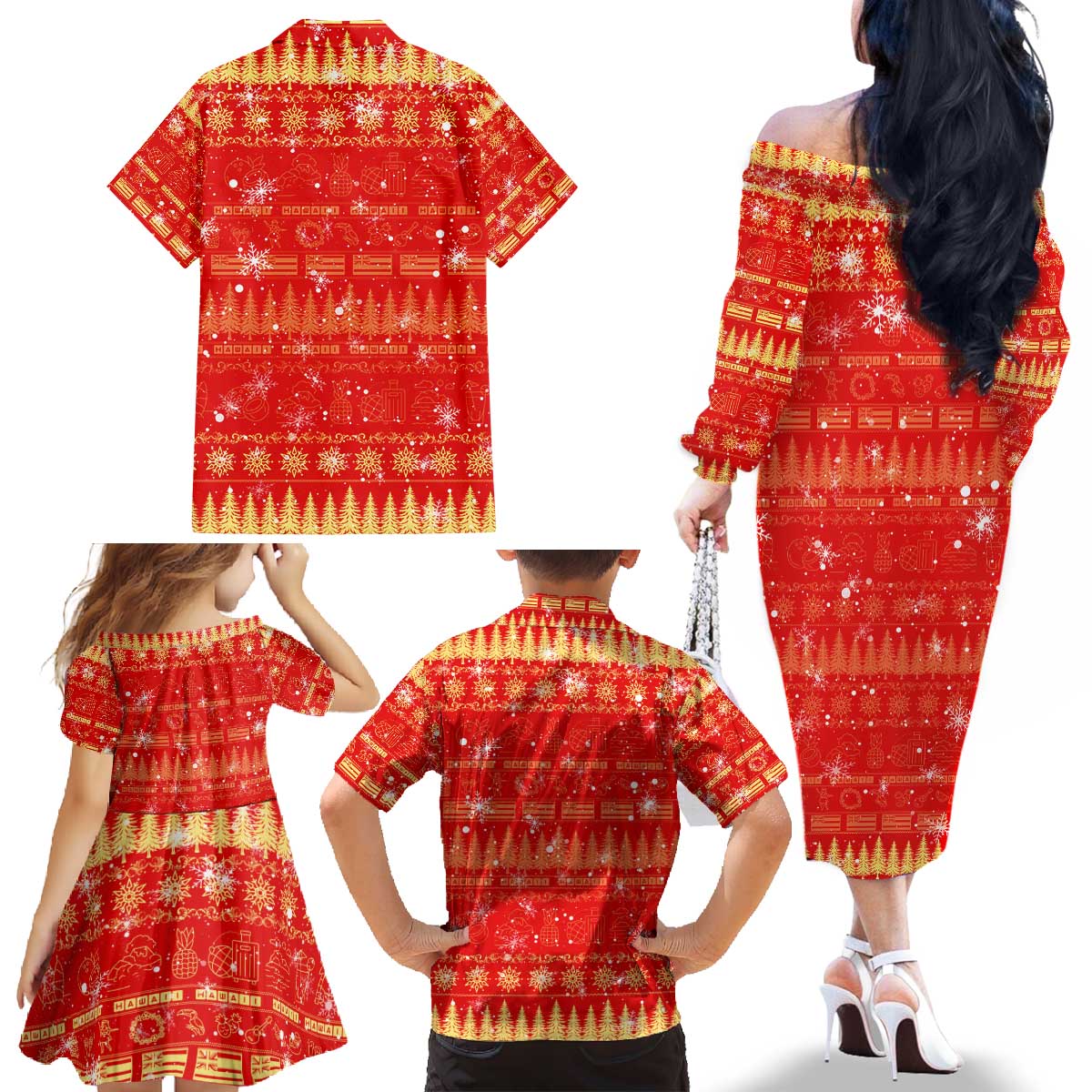 Merry Christmas Hawaii Family Matching Off The Shoulder Long Sleeve Dress and Hawaiian Shirt Xmas Travel Map DT02 - Polynesian Pride
