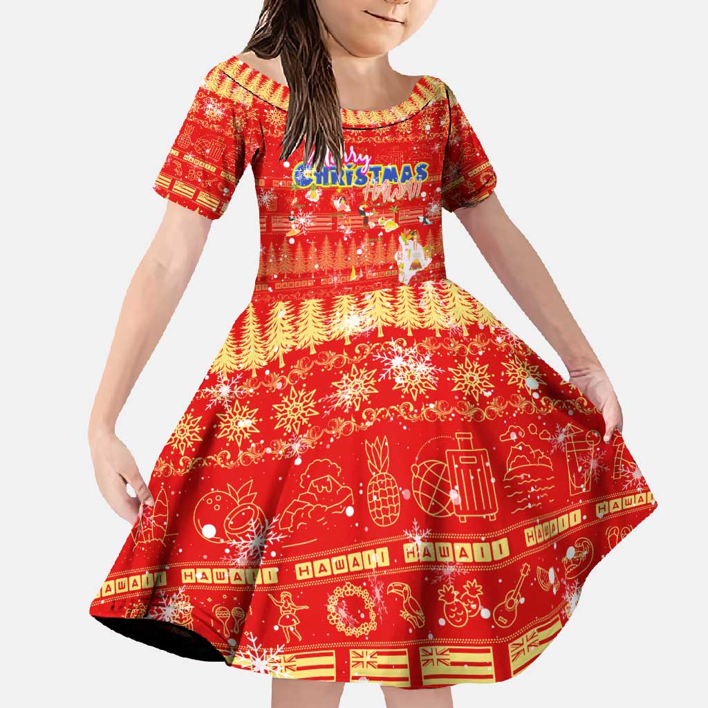 Merry Christmas Hawaii Family Matching Off Shoulder Maxi Dress and Hawaiian Shirt Xmas Travel Map DT02 Daughter's Dress Red - Polynesian Pride