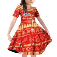 Merry Christmas Hawaii Family Matching Off Shoulder Short Dress and Hawaiian Shirt Xmas Travel Map DT02 Daughter's Dress Red - Polynesian Pride