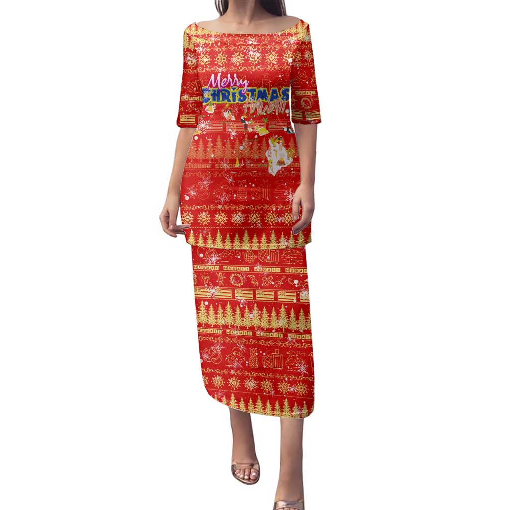 Merry Christmas Hawaii Family Matching Puletasi and Hawaiian Shirt Xmas Travel Map DT02 Mom's Dress Red - Polynesian Pride