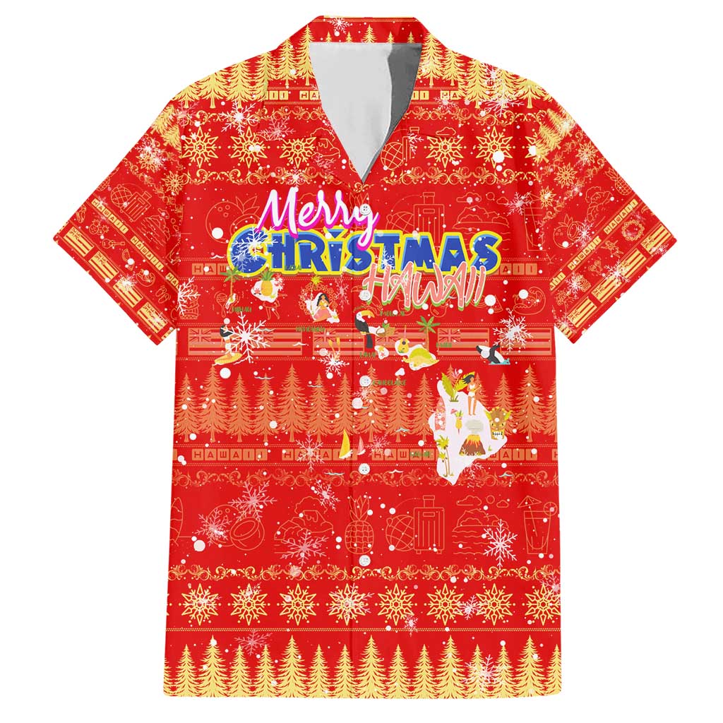 Merry Christmas Hawaii Family Matching Short Sleeve Bodycon Dress and Hawaiian Shirt Xmas Travel Map DT02 Dad's Shirt - Short Sleeve Red - Polynesian Pride