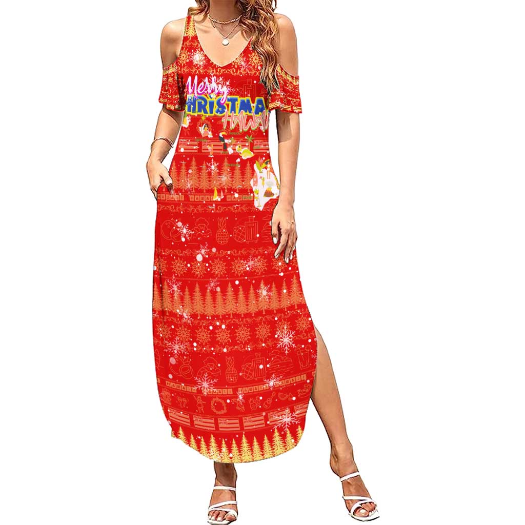 Merry Christmas Hawaii Family Matching Summer Maxi Dress and Hawaiian Shirt Xmas Travel Map DT02 Mom's Dress Red - Polynesian Pride