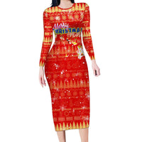 Merry Christmas Hawaii Long Sleeve Bodycon Dress Xmas Travel Map - Polynesian Pride