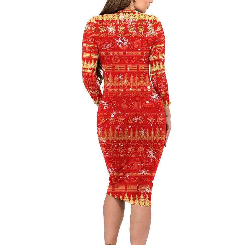 Merry Christmas Hawaii Long Sleeve Bodycon Dress Xmas Travel Map - Polynesian Pride