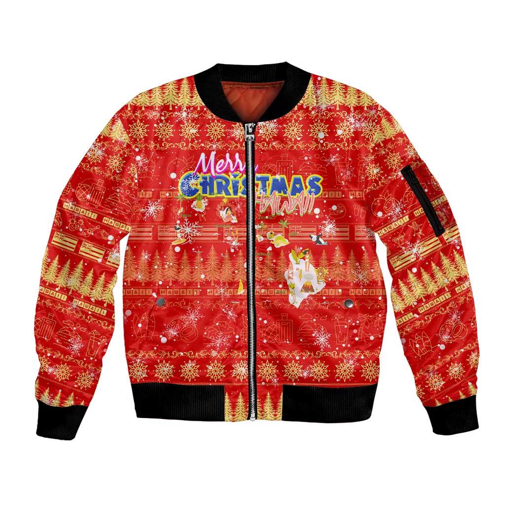 Merry Christmas Hawaii Sleeve Zip Bomber Jacket Xmas Travel Map DT02 Unisex Red - Polynesian Pride