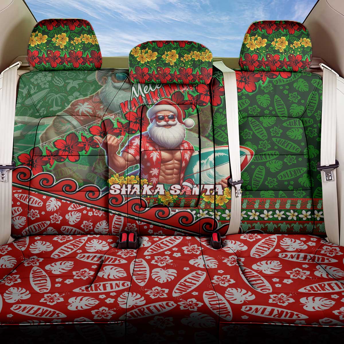 Mele Kalikimaka Shaka Santa Back Car Seat Cover Hawaiian Surf Christmas Design with Aloha Spirit - Polynesian Pride