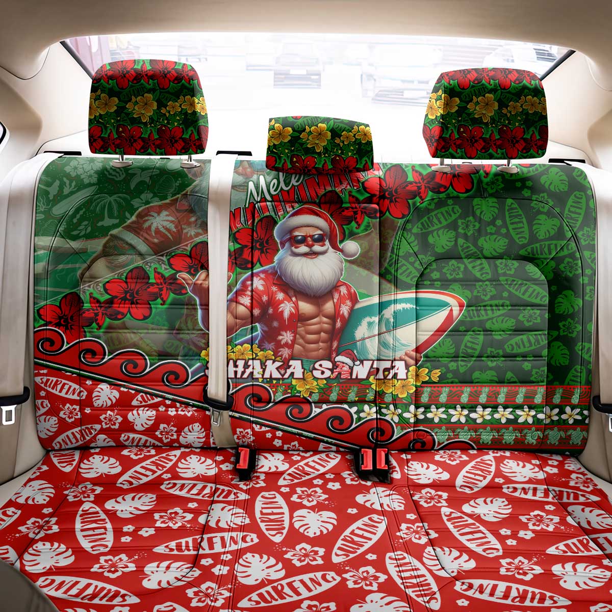 Mele Kalikimaka Shaka Santa Back Car Seat Cover Hawaiian Surf Christmas Design with Aloha Spirit DT02 - Polynesian Pride