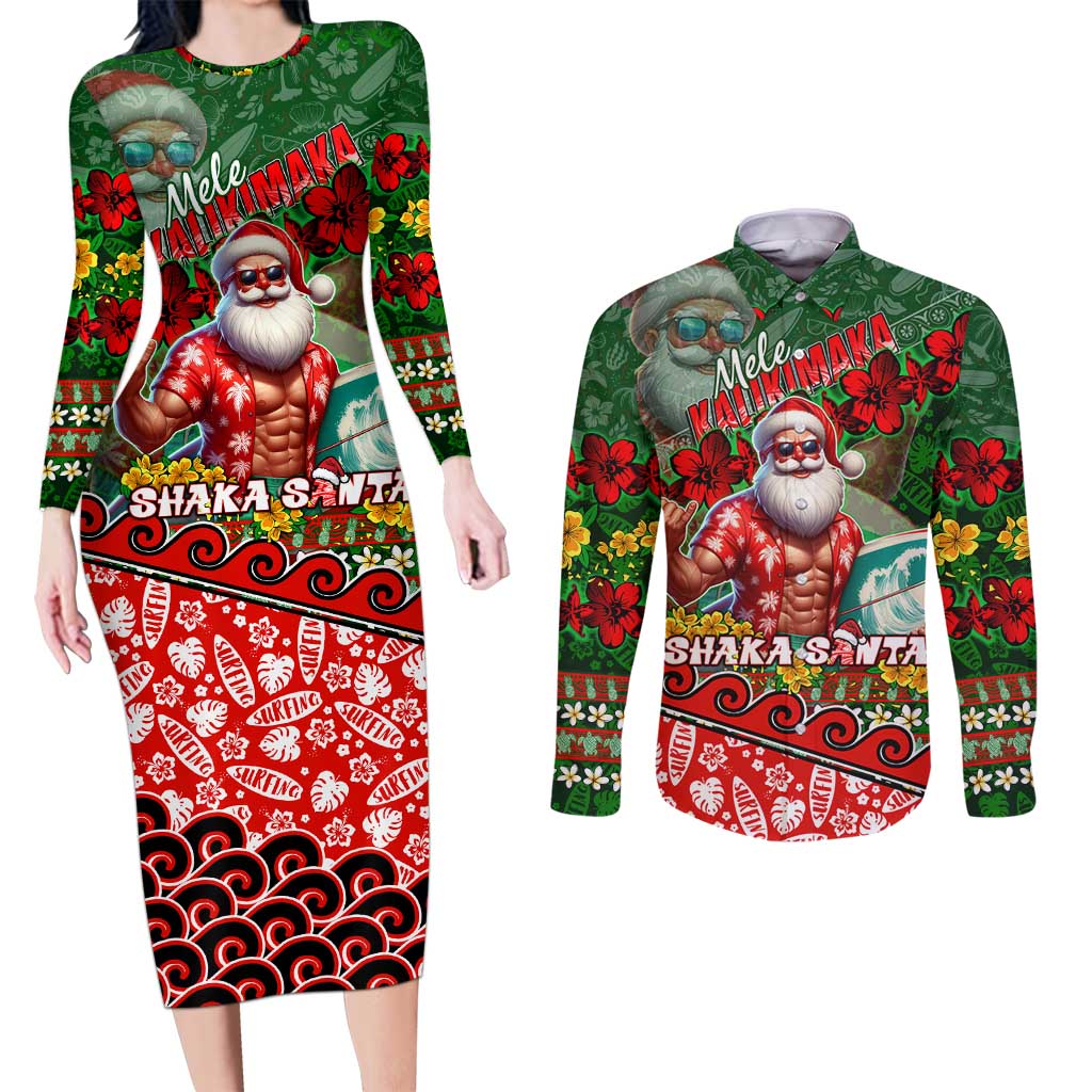 Mele Kalikimaka Shaka Santa Couples Matching Long Sleeve Bodycon Dress and Long Sleeve Button Shirt Hawaiian Surf Christmas Design with Aloha Spirit DT02 Green - Polynesian Pride