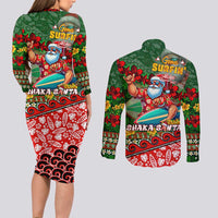 Mele Kalikimaka Shaka Santa Couples Matching Long Sleeve Bodycon Dress and Long Sleeve Button Shirt Hawaiian Surf Christmas Design with Aloha Spirit DT02 - Polynesian Pride