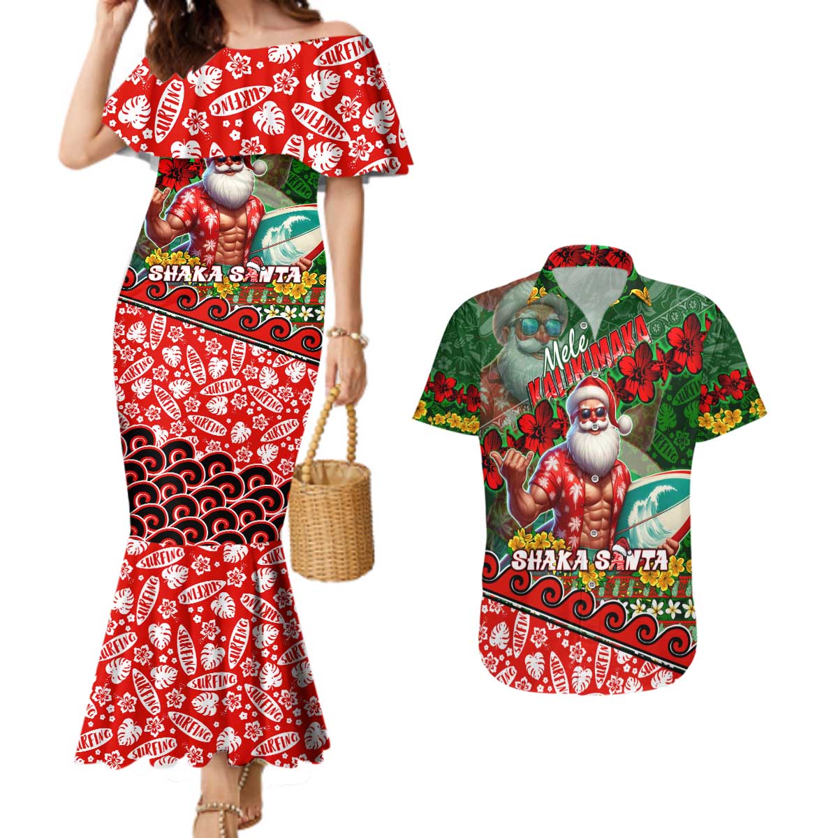 Mele Kalikimaka Shaka Santa Couples Matching Mermaid Dress and Hawaiian Shirt Hawaiian Surf Christmas Design with Aloha Spirit DT02 Green - Polynesian Pride