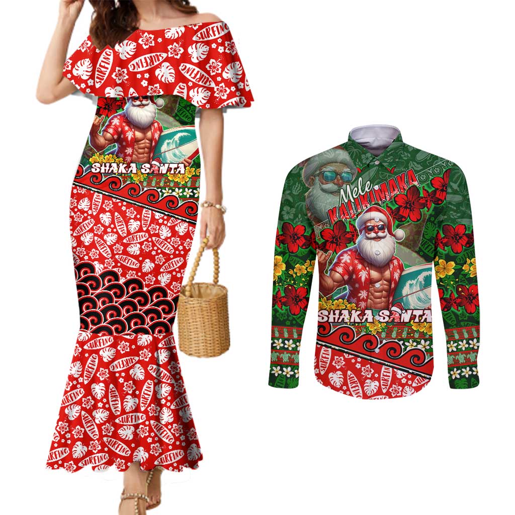 Mele Kalikimaka Shaka Santa Couples Matching Mermaid Dress and Long Sleeve Button Shirt Hawaiian Surf Christmas Design with Aloha Spirit DT02 Green - Polynesian Pride