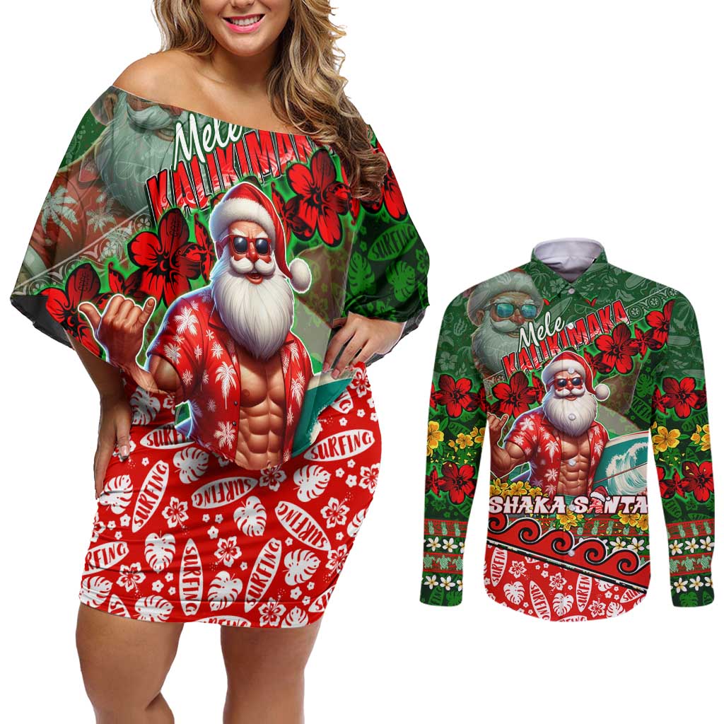 Mele Kalikimaka Shaka Santa Couples Matching Off Shoulder Short Dress and Long Sleeve Button Shirt Hawaiian Surf Christmas Design with Aloha Spirit DT02 Green - Polynesian Pride