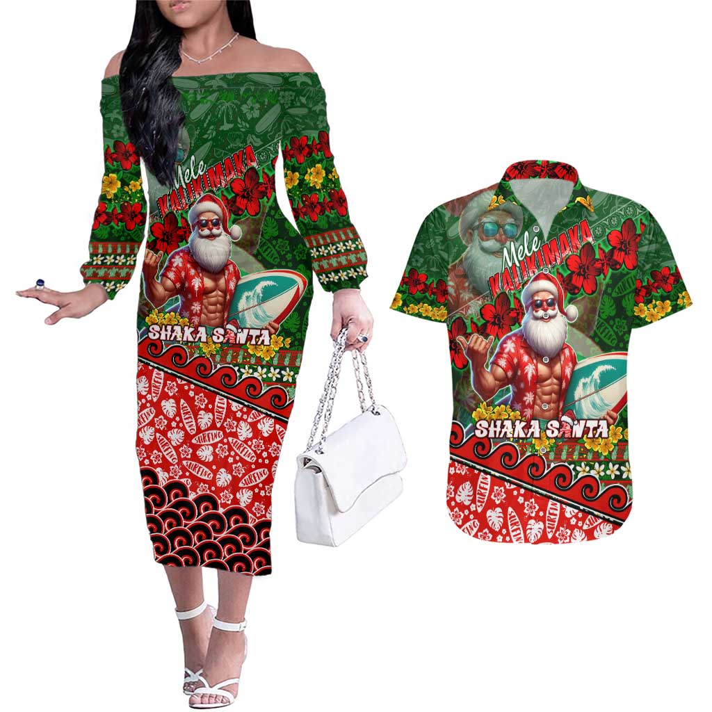 Mele Kalikimaka Shaka Santa Couples Matching Off The Shoulder Long Sleeve Dress and Hawaiian Shirt Hawaiian Surf Christmas Design with Aloha Spirit DT02 Green - Polynesian Pride