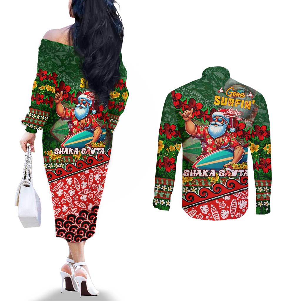 Mele Kalikimaka Shaka Santa Couples Matching Off The Shoulder Long Sleeve Dress and Long Sleeve Button Shirt Hawaiian Surf Christmas Design with Aloha Spirit DT02 - Polynesian Pride