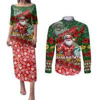 Mele Kalikimaka Shaka Santa Couples Matching Puletasi and Long Sleeve Button Shirt Hawaiian Surf Christmas Design with Aloha Spirit DT02 Green - Polynesian Pride