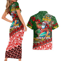 Mele Kalikimaka Shaka Santa Couples Matching Short Sleeve Bodycon Dress and Hawaiian Shirt Hawaiian Surf Christmas Design with Aloha Spirit DT02 - Polynesian Pride