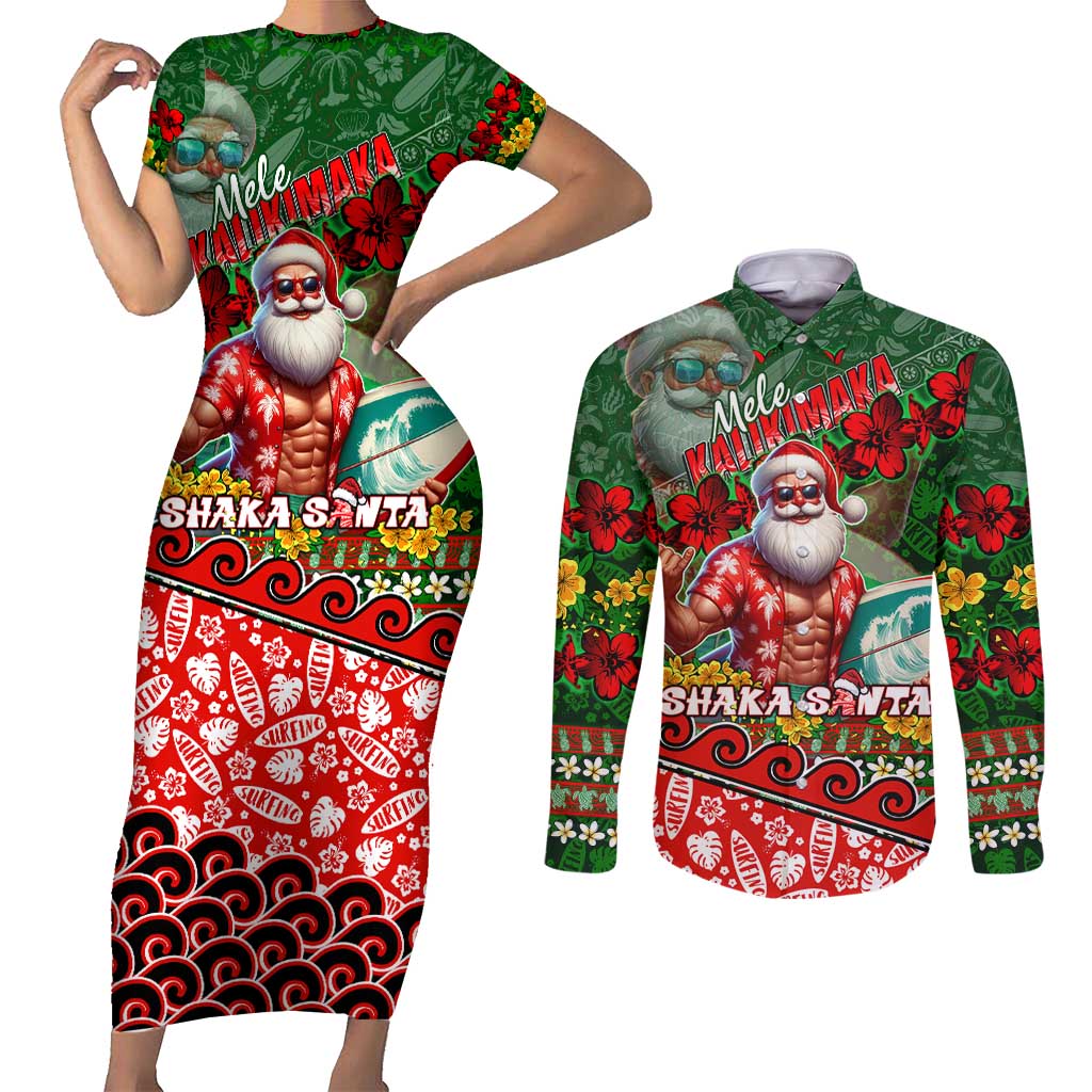 Mele Kalikimaka Shaka Santa Couples Matching Short Sleeve Bodycon Dress and Long Sleeve Button Shirt Hawaiian Surf Christmas Design with Aloha Spirit DT02 Green - Polynesian Pride
