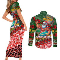 Mele Kalikimaka Shaka Santa Couples Matching Short Sleeve Bodycon Dress and Long Sleeve Button Shirt Hawaiian Surf Christmas Design with Aloha Spirit DT02 - Polynesian Pride