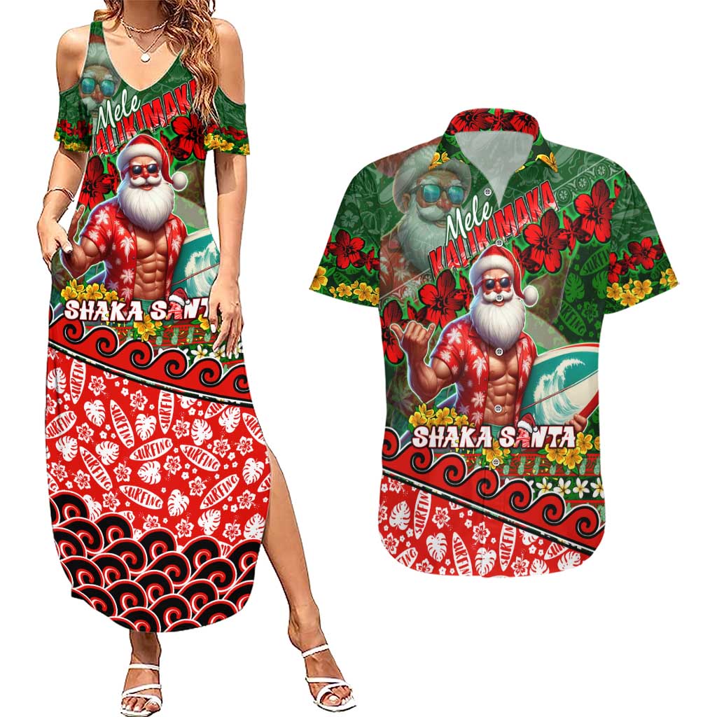 Mele Kalikimaka Shaka Santa Couples Matching Summer Maxi Dress and Hawaiian Shirt Hawaiian Surf Christmas Design with Aloha Spirit DT02 Green - Polynesian Pride