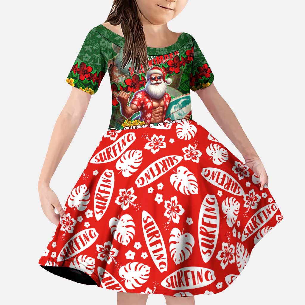 Mele Kalikimaka Shaka Santa Family Matching Long Sleeve Bodycon Dress and Hawaiian Shirt Hawaiian Surf Christmas Design with Aloha Spirit DT02 Daughter's Dress Green - Polynesian Pride