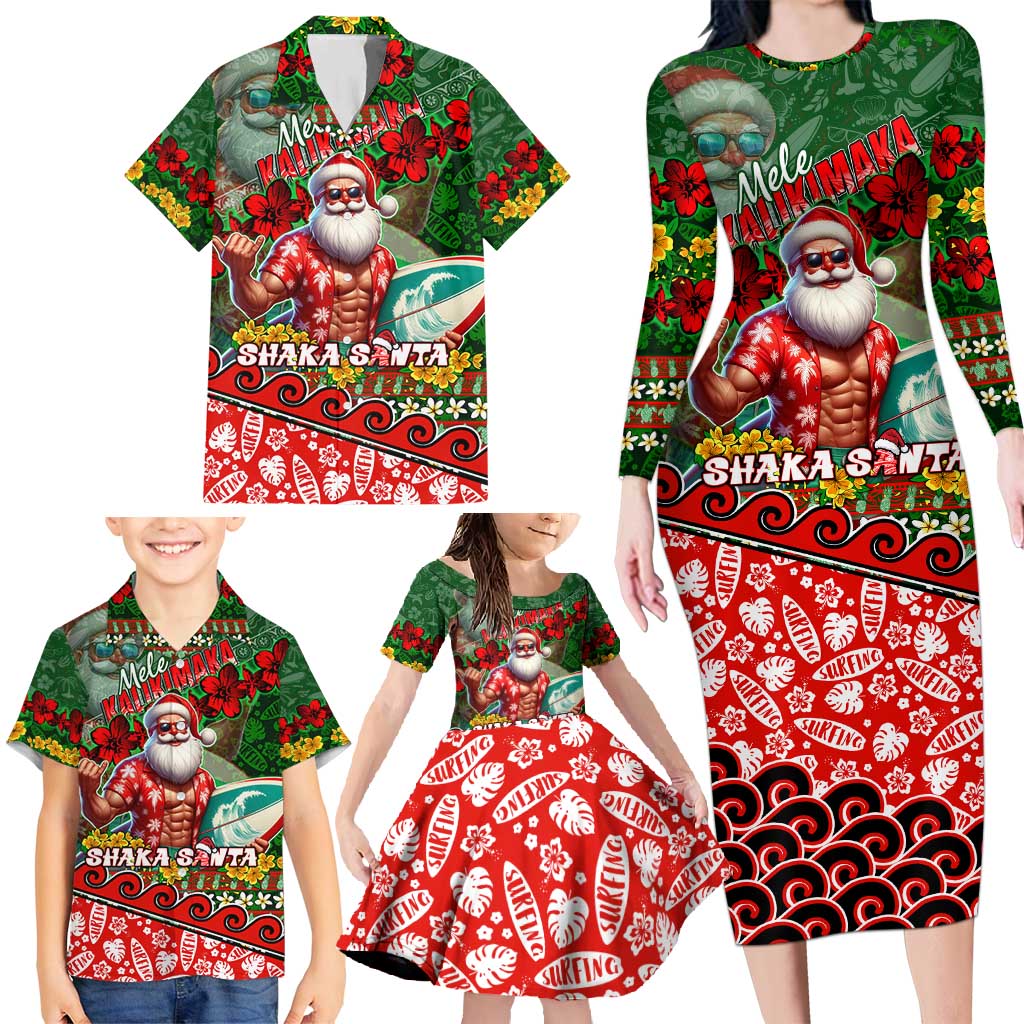 Mele Kalikimaka Shaka Santa Family Matching Long Sleeve Bodycon Dress and Hawaiian Shirt Hawaiian Surf Christmas Design with Aloha Spirit DT02 - Polynesian Pride