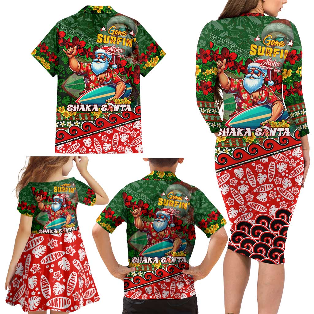 Mele Kalikimaka Shaka Santa Family Matching Long Sleeve Bodycon Dress and Hawaiian Shirt Hawaiian Surf Christmas Design with Aloha Spirit DT02 - Polynesian Pride