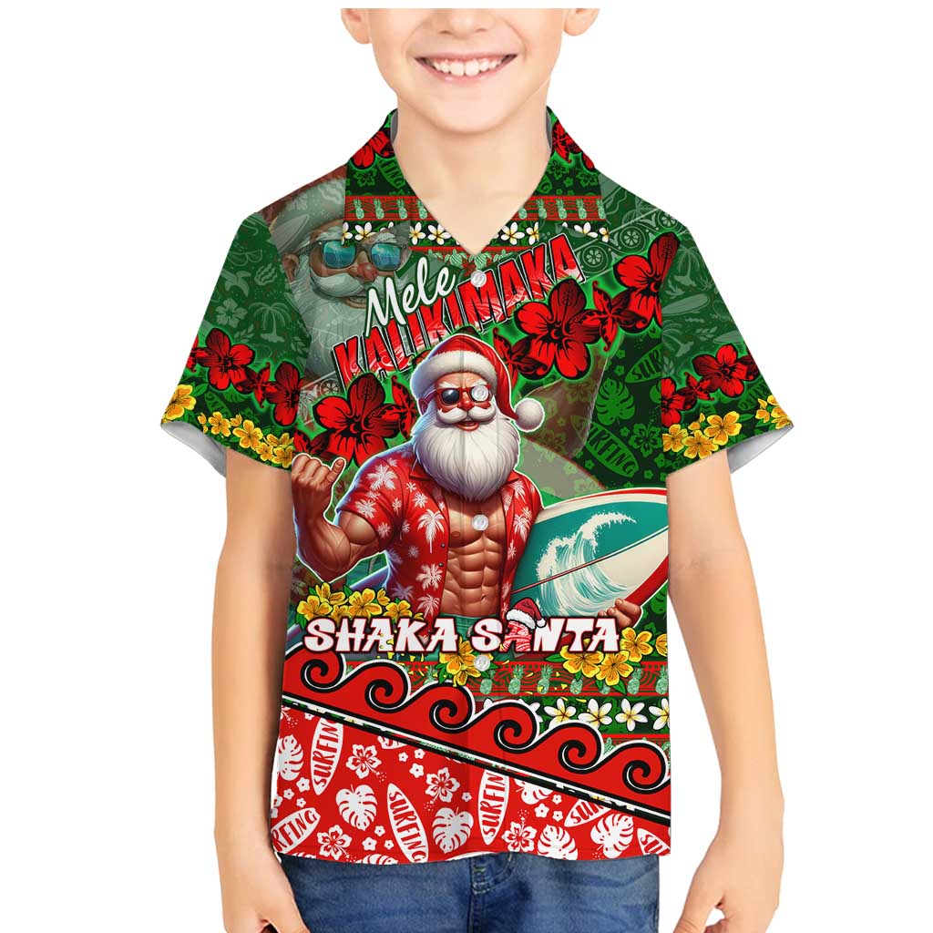 Mele Kalikimaka Shaka Santa Family Matching Mermaid Dress and Hawaiian Shirt Hawaiian Surf Christmas Design with Aloha Spirit DT02 Son's Shirt Green - Polynesian Pride