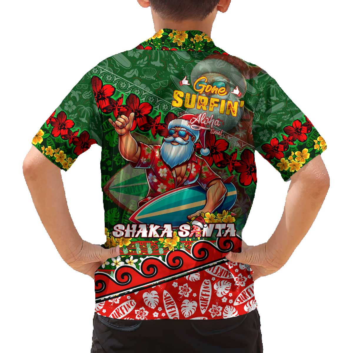 Mele Kalikimaka Shaka Santa Family Matching Off The Shoulder Long Sleeve Dress and Hawaiian Shirt Hawaiian Surf Christmas Design with Aloha Spirit DT02 - Polynesian Pride