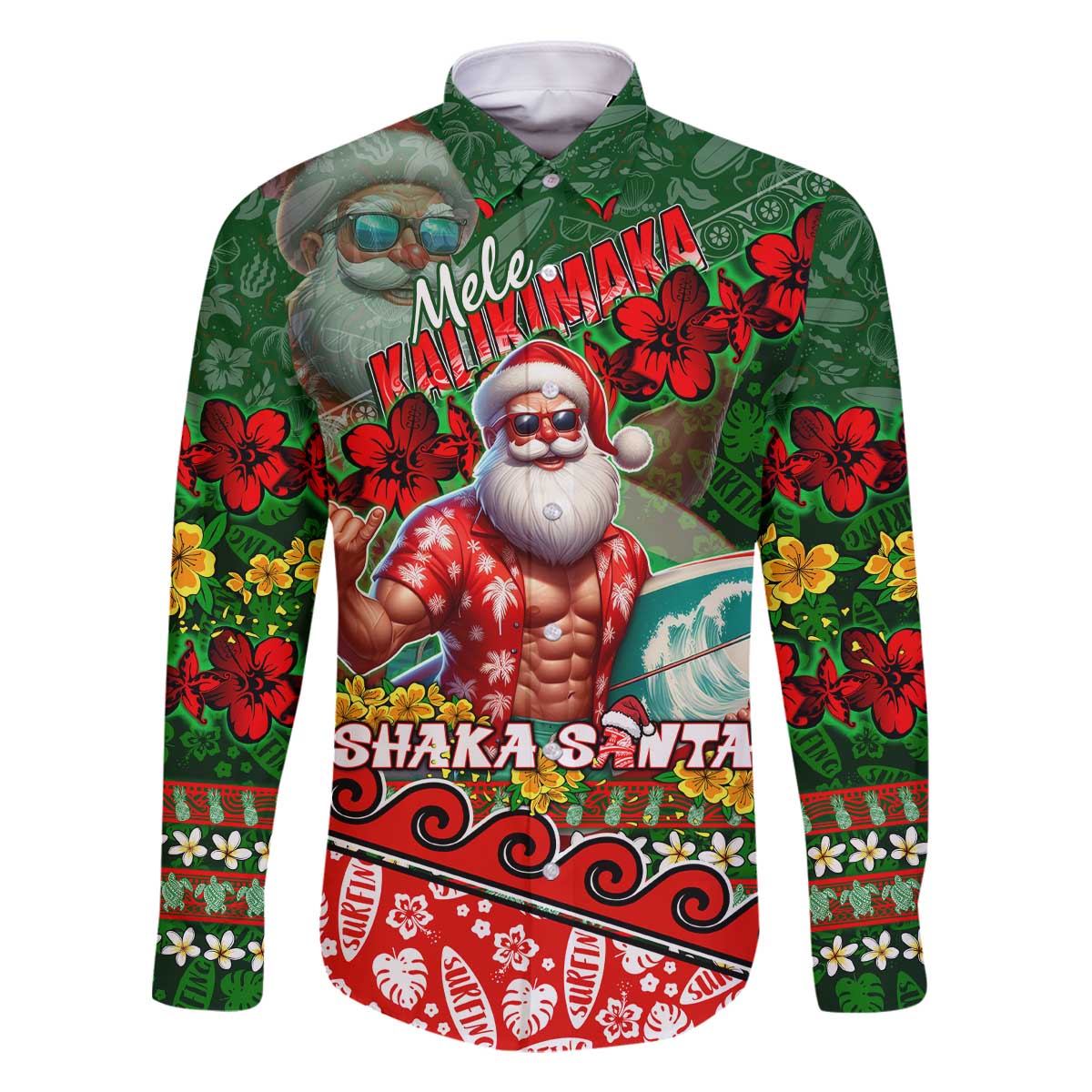 Mele Kalikimaka Shaka Santa Family Matching Off The Shoulder Long Sleeve Dress and Hawaiian Shirt Hawaiian Surf Christmas Design with Aloha Spirit DT02 Dad's Shirt - Long Sleeve Green - Polynesian Pride