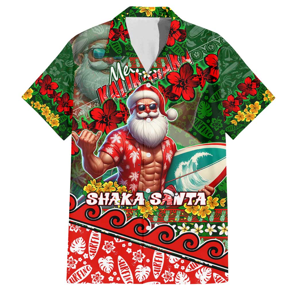 Mele Kalikimaka Shaka Santa Family Matching Off Shoulder Short Dress and Hawaiian Shirt Hawaiian Surf Christmas Design with Aloha Spirit DT02 Dad's Shirt - Short Sleeve Green - Polynesian Pride