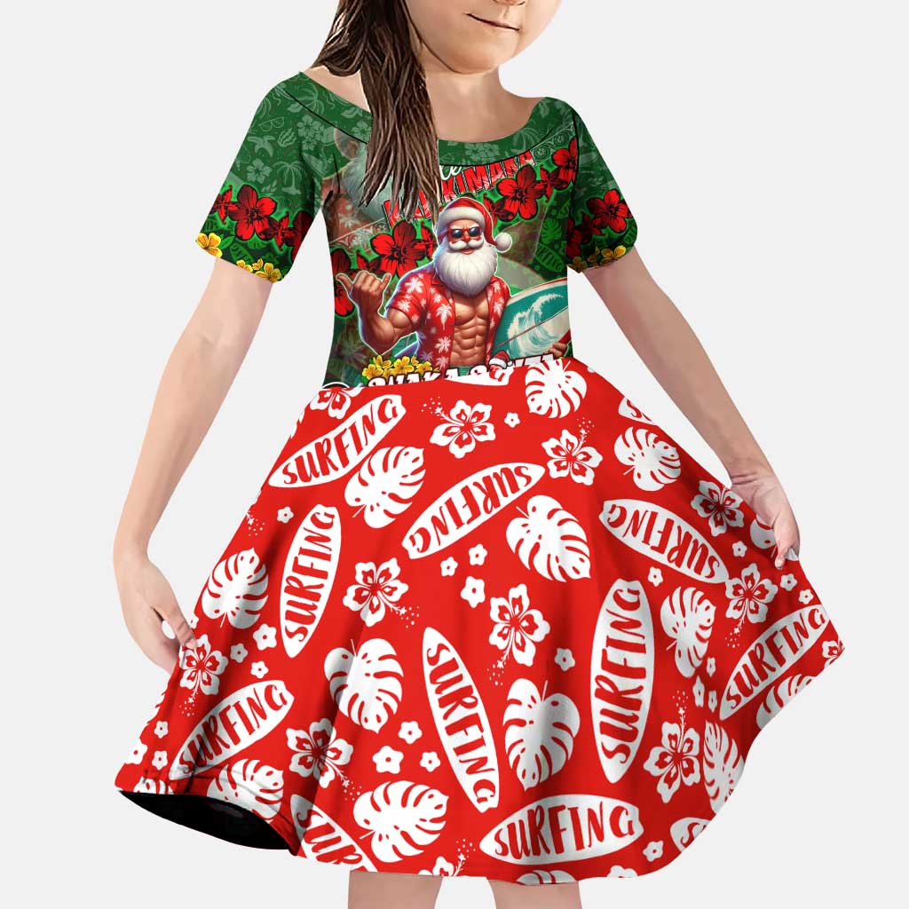 Mele Kalikimaka Shaka Santa Family Matching Puletasi and Hawaiian Shirt Hawaiian Surf Christmas Design with Aloha Spirit DT02 Daughter's Dress Green - Polynesian Pride