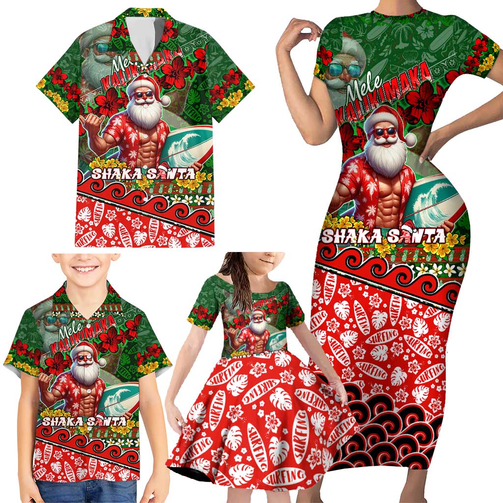 Mele Kalikimaka Shaka Santa Family Matching Short Sleeve Bodycon Dress and Hawaiian Shirt Hawaiian Surf Christmas Design with Aloha Spirit DT02 - Polynesian Pride