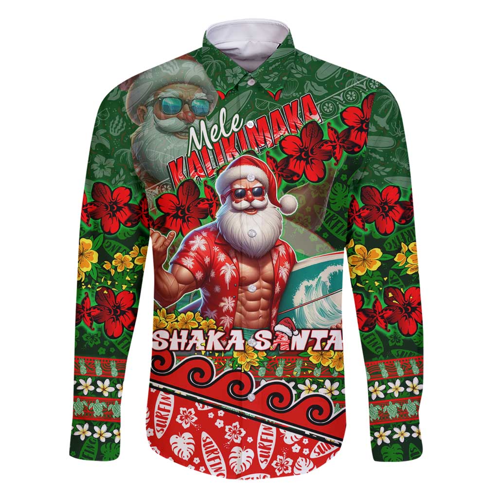 Mele Kalikimaka Shaka Santa Family Matching Tank Maxi Dress and Hawaiian Shirt Hawaiian Surf Christmas Design with Aloha Spirit DT02 Dad's Shirt - Long Sleeve Green - Polynesian Pride