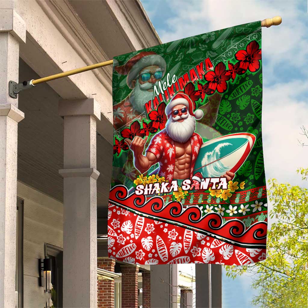 Mele Kalikimaka Shaka Santa Garden Flag Hawaiian Surf Christmas Design with Aloha Spirit DT02 House Flag Green - Polynesian Pride