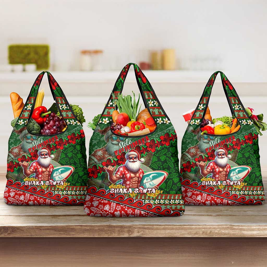 Mele Kalikimaka Shaka Santa Grocery Bag Hawaiian Surf Christmas Design with Aloha Spirit DT02 3-pack One Size Green - Polynesian Pride