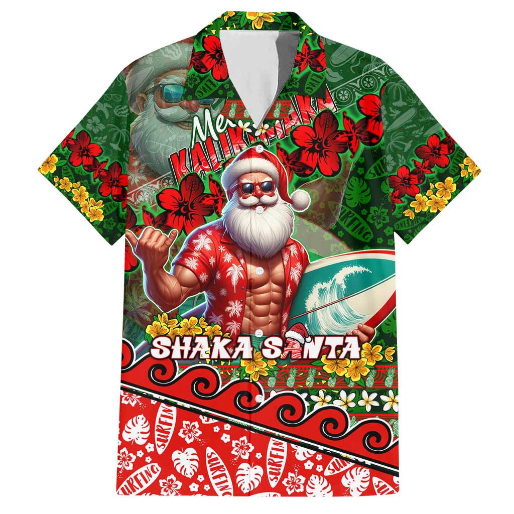 Mele Kalikimaka Shaka Santa Hawaiian Shirt Hawaiian Surf Christmas Design with Aloha Spirit DT02 Green - Polynesian Pride