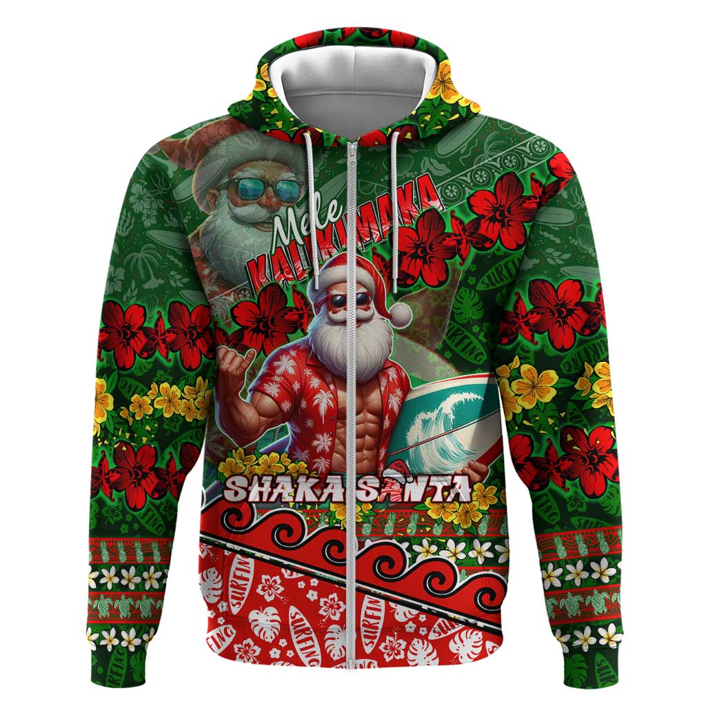Mele Kalikimaka Shaka Santa Hoodie Hawaiian Surf Christmas Design with Aloha Spirit DT02 Zip Hoodie Green - Polynesian Pride