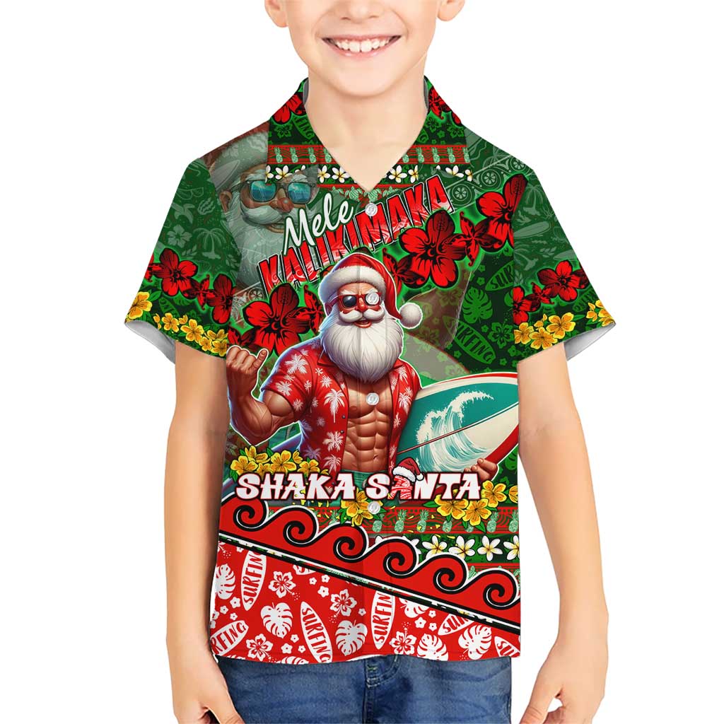 Mele Kalikimaka Shaka Santa Kid Hawaiian Shirt Hawaiian Surf Christmas Design with Aloha Spirit DT02 Kid Green - Polynesian Pride