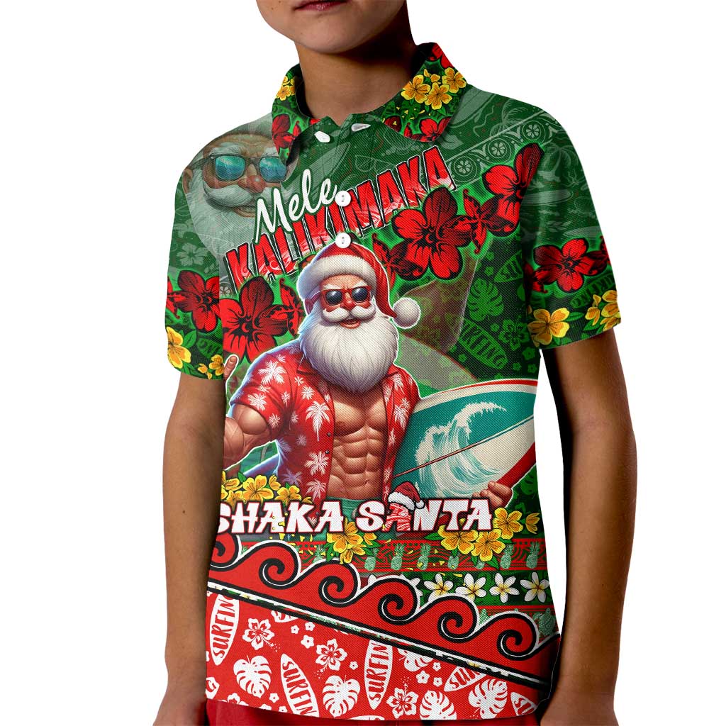 Mele Kalikimaka Shaka Santa Kid Polo Shirt Hawaiian Surf Christmas Design with Aloha Spirit DT02 Kid Green - Polynesian Pride