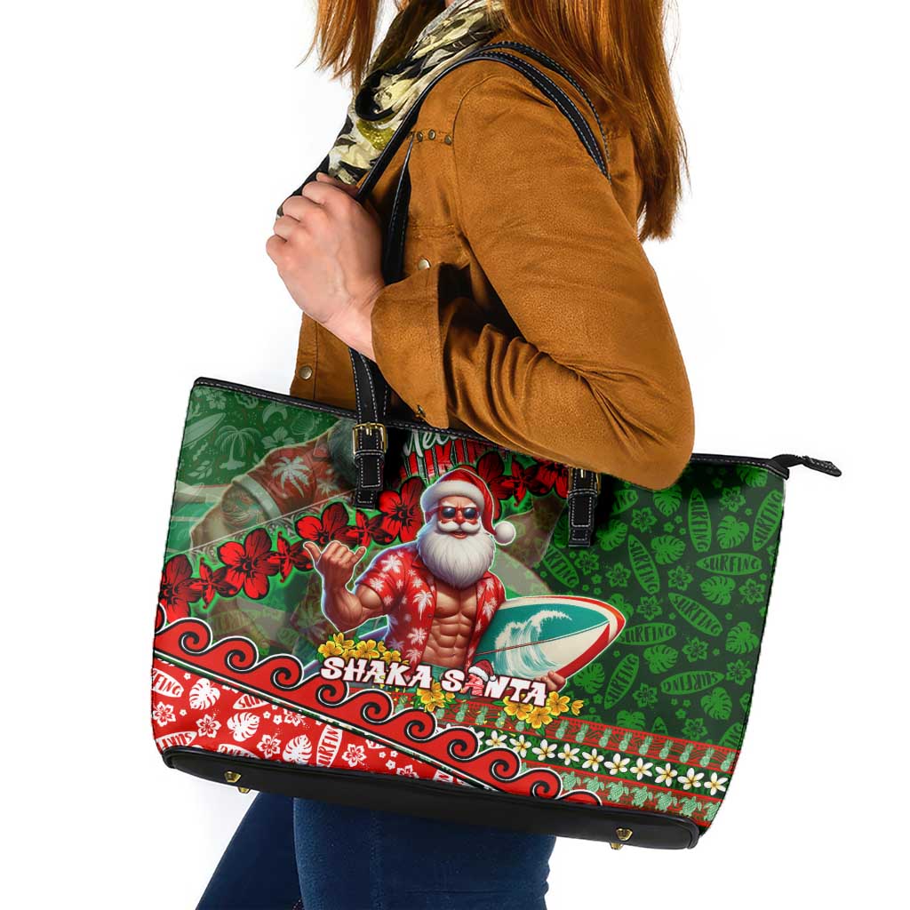 Mele Kalikimaka Shaka Santa Leather Tote Bag Hawaiian Surf Christmas Design with Aloha Spirit DT02 Green - Polynesian Pride