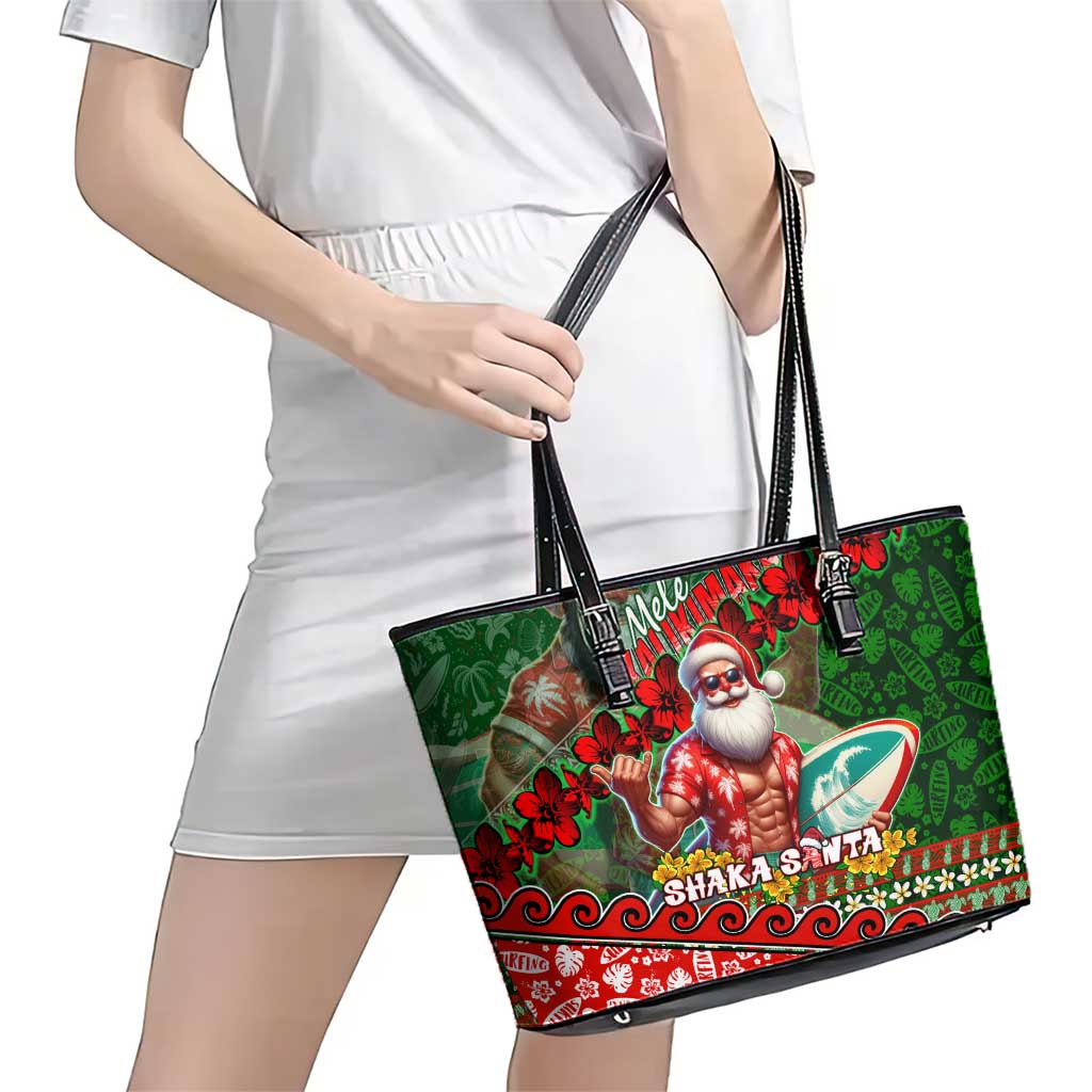 Mele Kalikimaka Shaka Santa Leather Tote Bag Hawaiian Surf Christmas Design with Aloha Spirit DT02 - Polynesian Pride