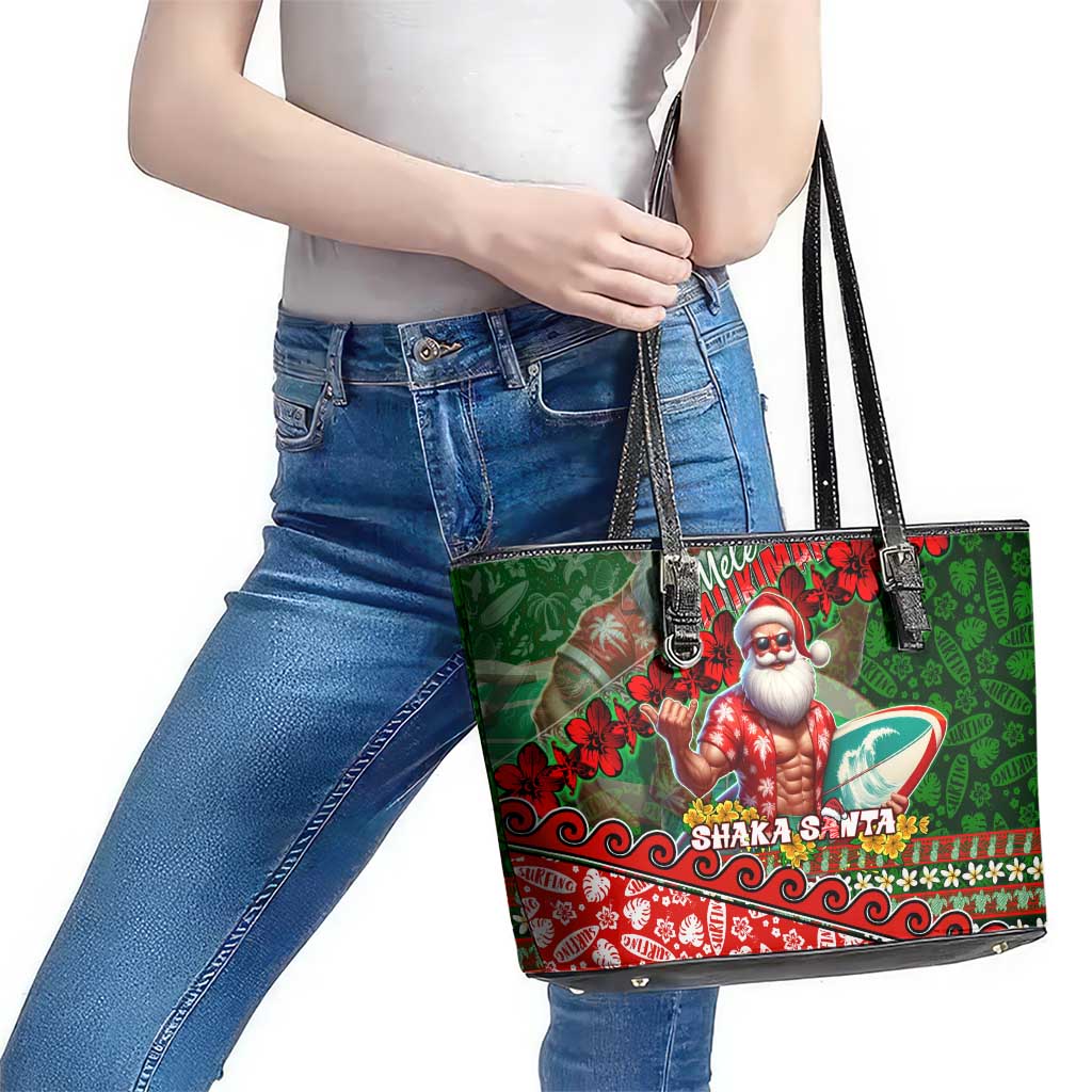 Mele Kalikimaka Shaka Santa Leather Tote Bag Hawaiian Surf Christmas Design with Aloha Spirit DT02 - Polynesian Pride