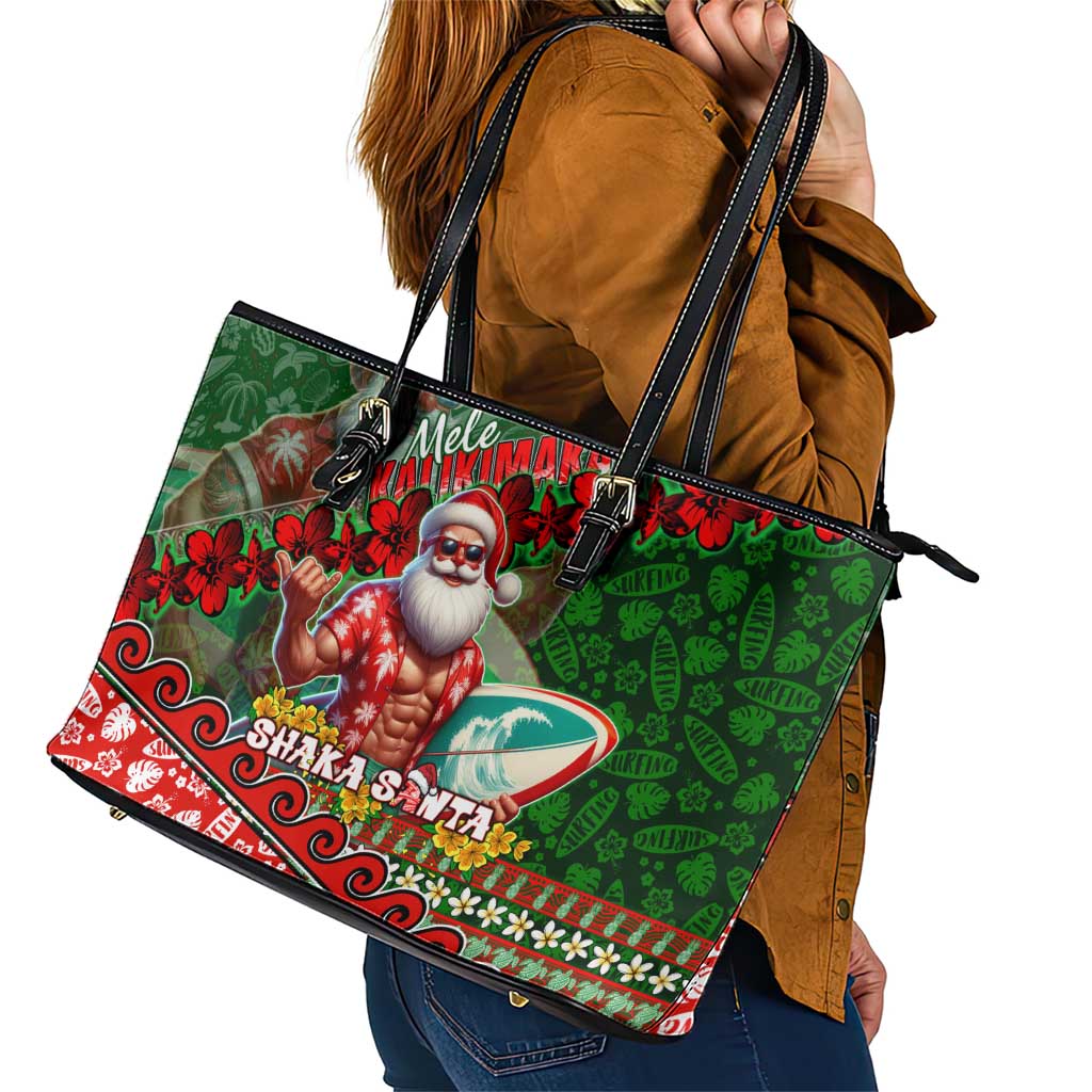 Mele Kalikimaka Shaka Santa Leather Tote Bag Hawaiian Surf Christmas Design with Aloha Spirit DT02 - Polynesian Pride