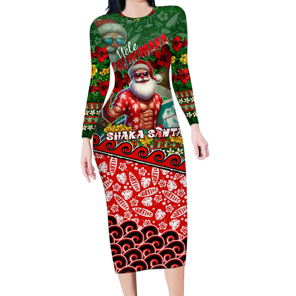 Mele Kalikimaka Shaka Santa Long Sleeve Bodycon Dress Hawaiian Surf Christmas Design with Aloha Spirit DT02 Long Dress Green - Polynesian Pride