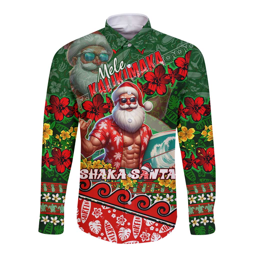 Mele Kalikimaka Shaka Santa Long Sleeve Button Shirt Hawaiian Surf Christmas Design with Aloha Spirit DT02 Unisex Green - Polynesian Pride