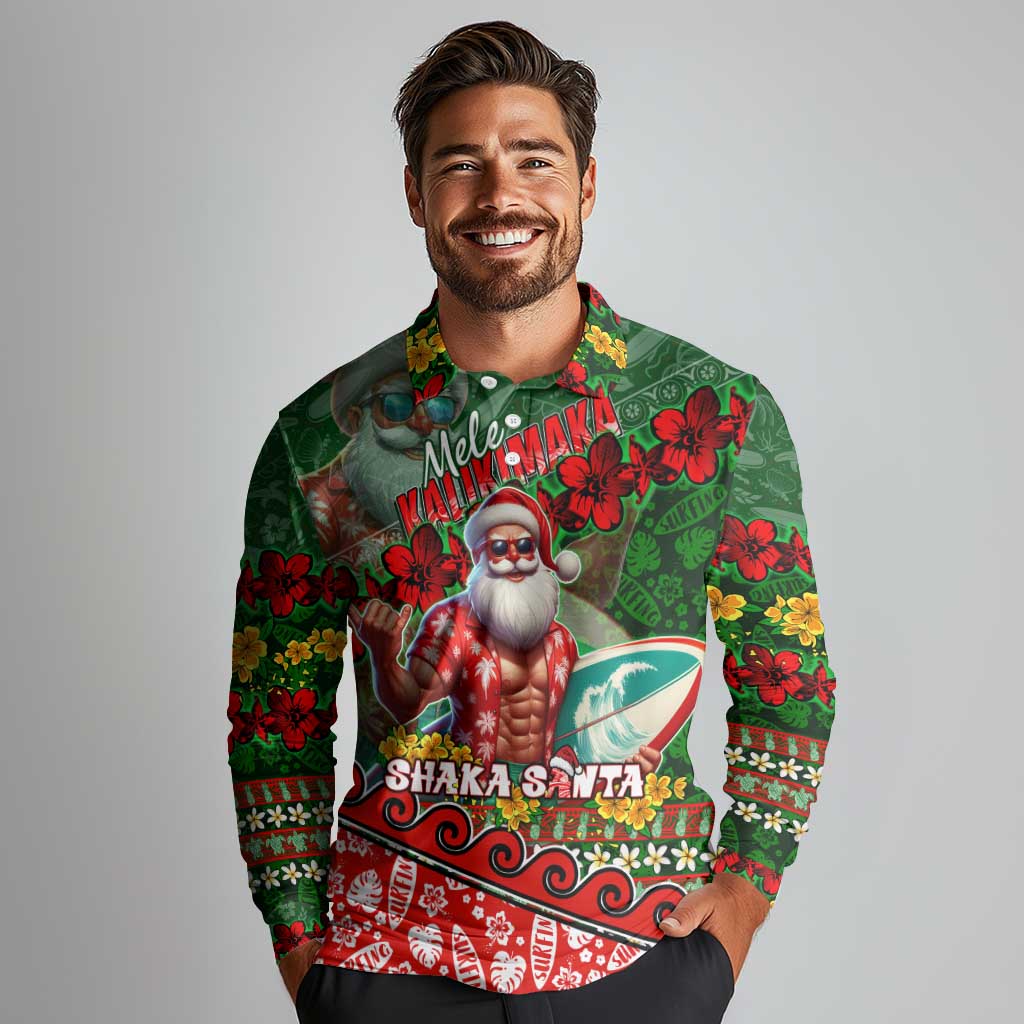 Mele Kalikimaka Shaka Santa Long Sleeve Polo Shirt Hawaiian Surf Christmas Design with Aloha Spirit DT02 - Polynesian Pride