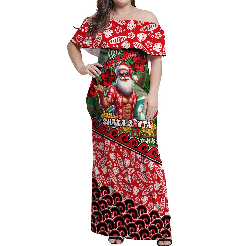 Mele Kalikimaka Shaka Santa Off Shoulder Maxi Dress Hawaiian Surf Christmas Design with Aloha Spirit DT02 Women Green - Polynesian Pride